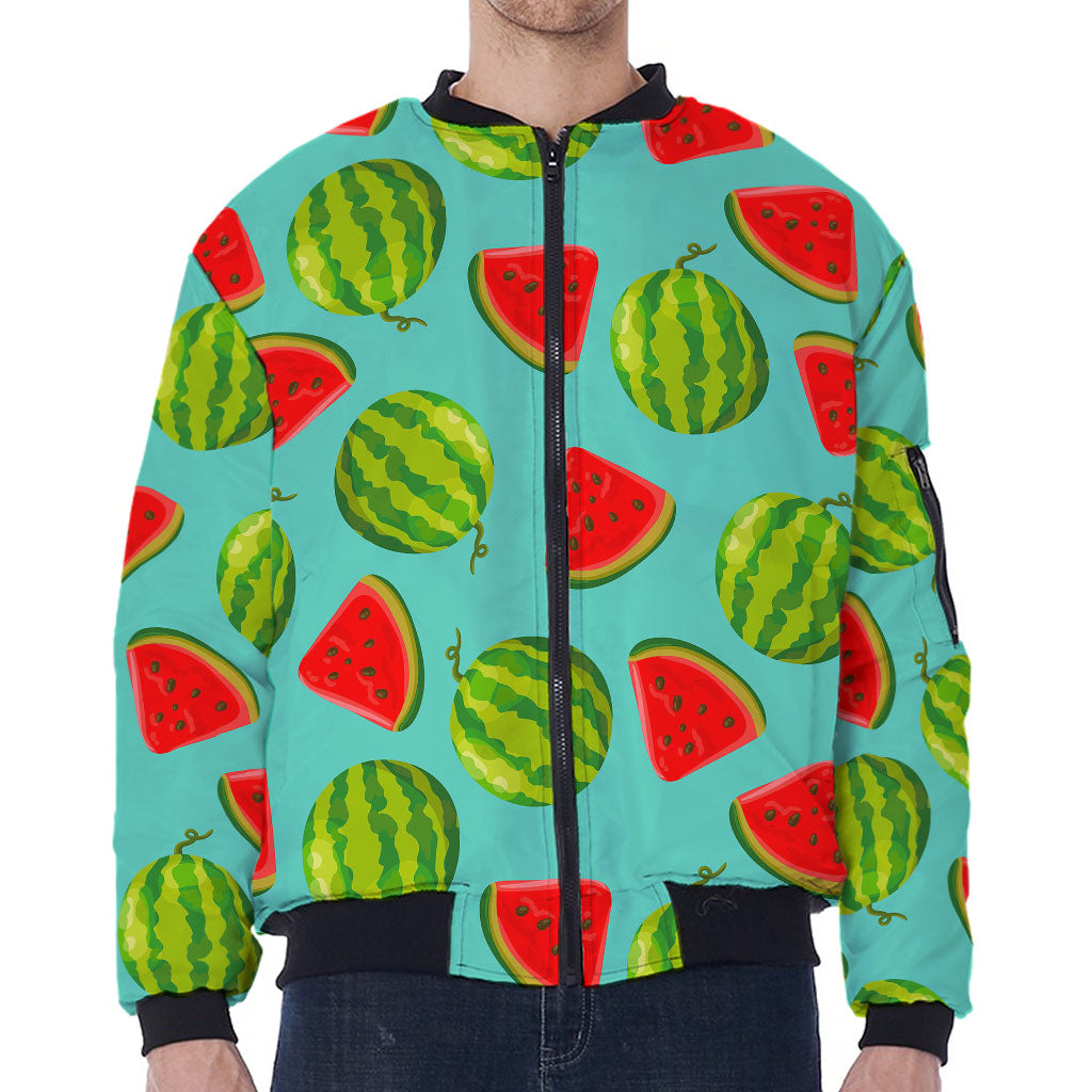 Blue Summer Watermelon Pattern Print Zip Sleeve Bomber Jacket