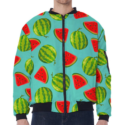 Blue Summer Watermelon Pattern Print Zip Sleeve Bomber Jacket