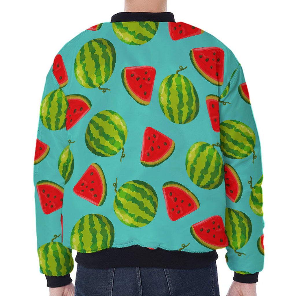 Blue Summer Watermelon Pattern Print Zip Sleeve Bomber Jacket