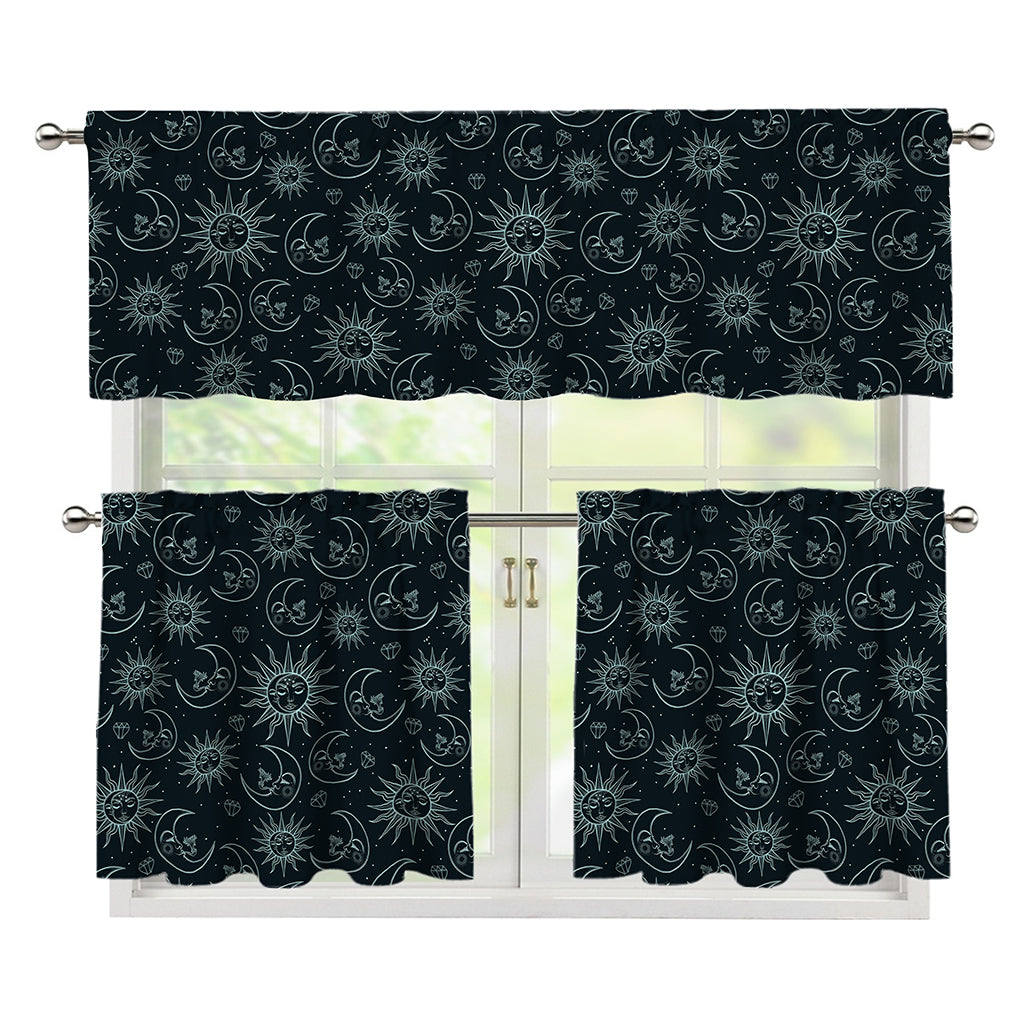 Blue Sun And Moon Pattern Print 3 Piece Kitchen Curtains