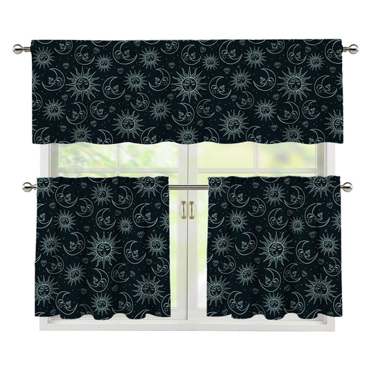 Blue Sun And Moon Pattern Print 3 Piece Kitchen Curtains