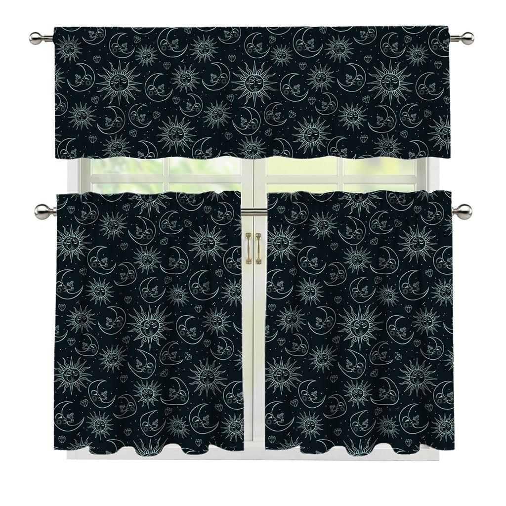 Blue Sun And Moon Pattern Print 3 Piece Kitchen Curtains