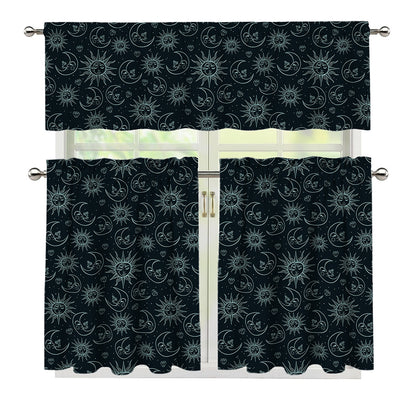 Blue Sun And Moon Pattern Print 3 Piece Kitchen Curtains