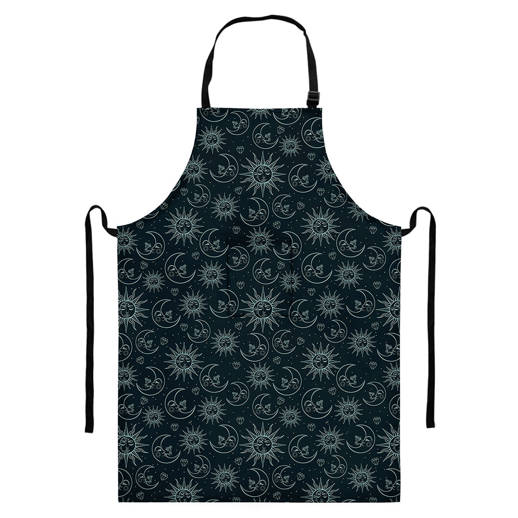 Blue Sun And Moon Pattern Print Bib Apron With Pocket