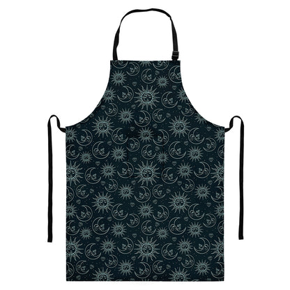 Blue Sun And Moon Pattern Print Bib Apron With Pocket