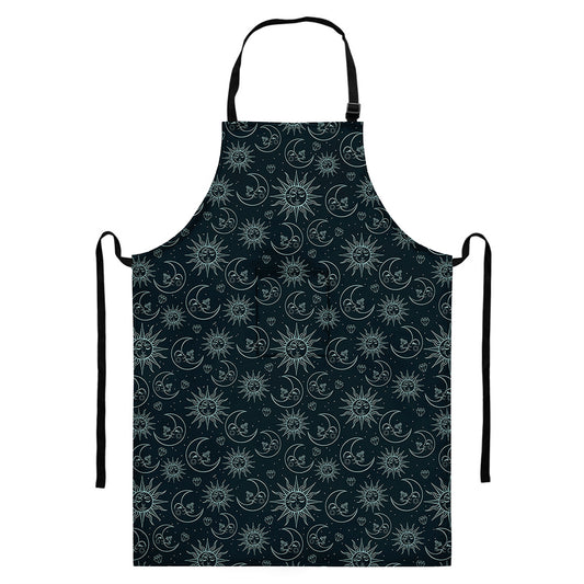 Blue Sun And Moon Pattern Print Bib Apron With Pocket