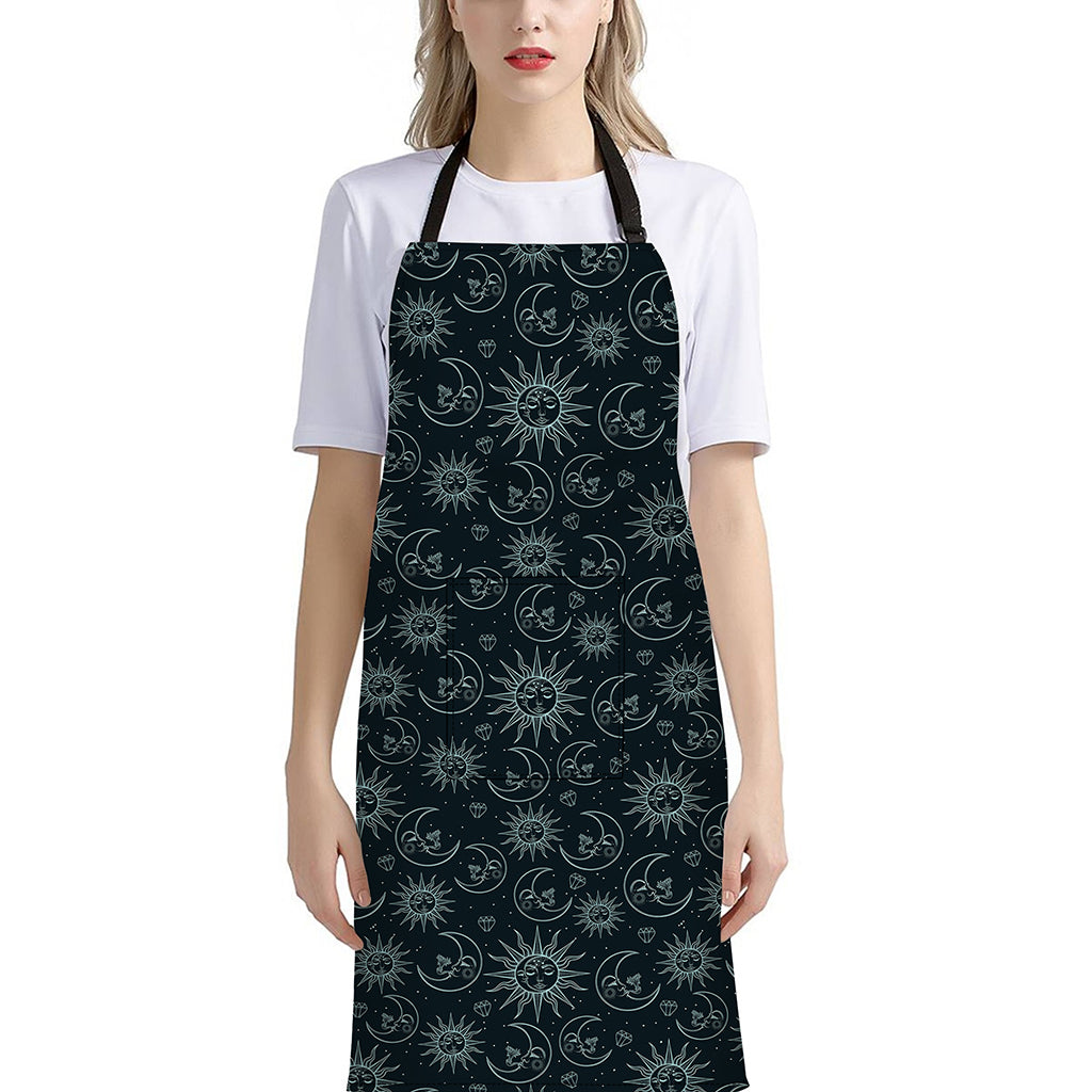 Blue Sun And Moon Pattern Print Bib Apron With Pocket