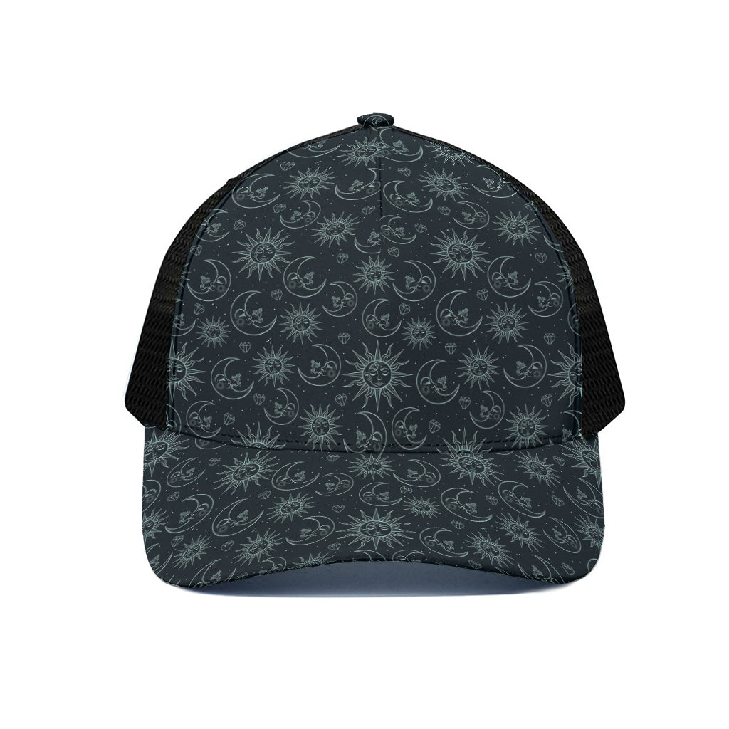 Blue Sun And Moon Pattern Print Black Mesh Trucker Cap