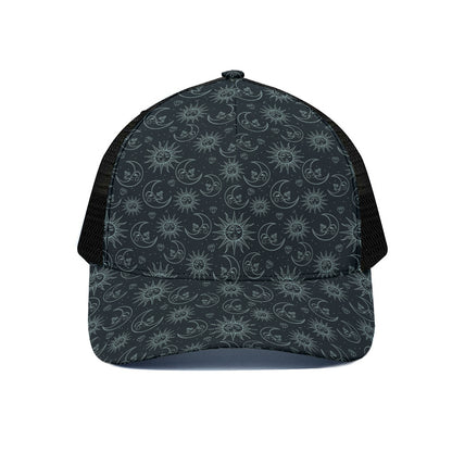 Blue Sun And Moon Pattern Print Black Mesh Trucker Cap