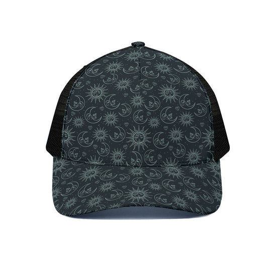 Blue Sun And Moon Pattern Print Black Mesh Trucker Cap