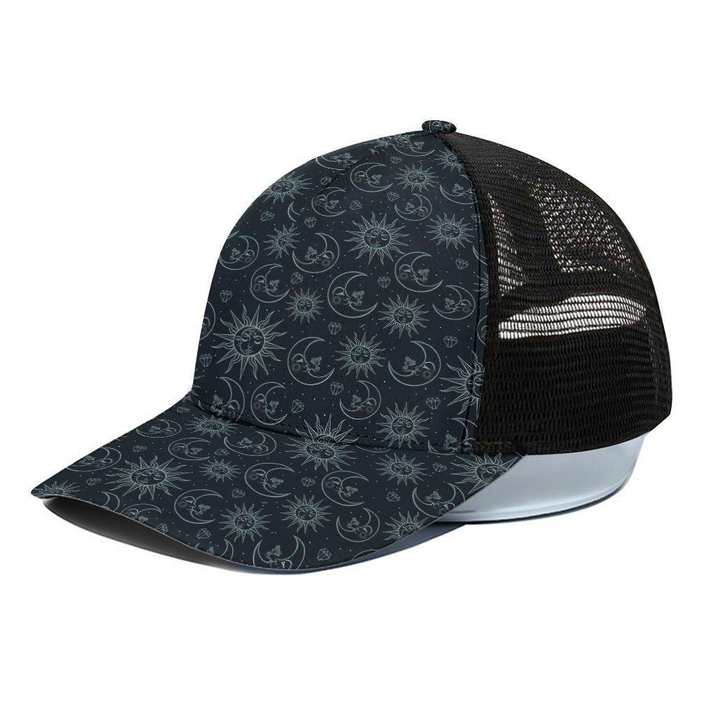Blue Sun And Moon Pattern Print Black Mesh Trucker Cap