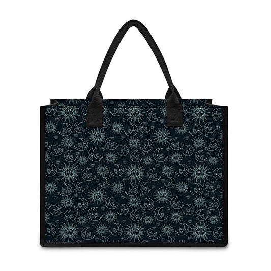 Blue Sun And Moon Pattern Print Canvas Tote Bag