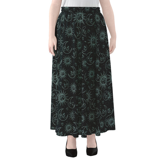 Blue Sun And Moon Pattern Print Chiffon Maxi Skirt
