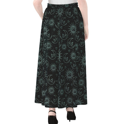 Blue Sun And Moon Pattern Print Chiffon Maxi Skirt