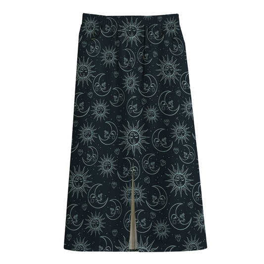 Blue Sun And Moon Pattern Print Cotton Front Slit Maxi Skirt