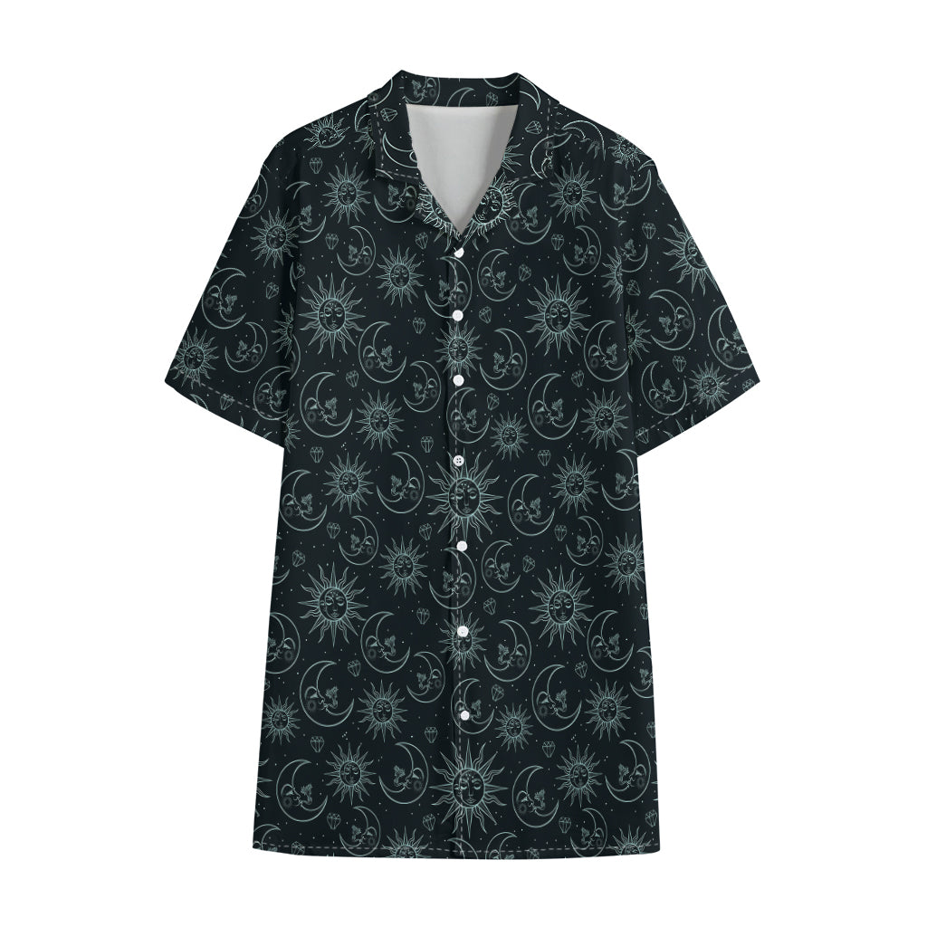 Blue Sun And Moon Pattern Print Cotton Hawaiian Shirt