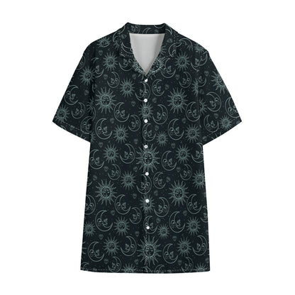 Blue Sun And Moon Pattern Print Cotton Hawaiian Shirt