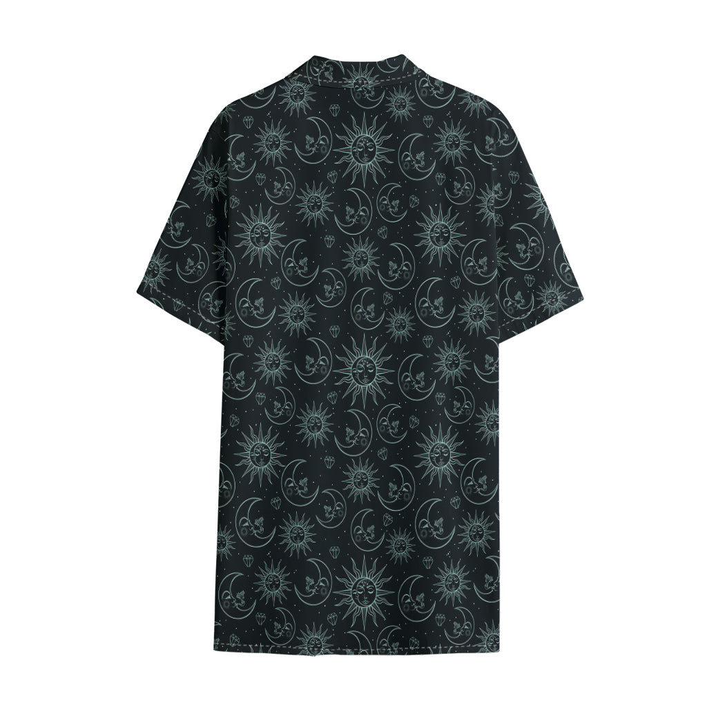 Blue Sun And Moon Pattern Print Cotton Hawaiian Shirt