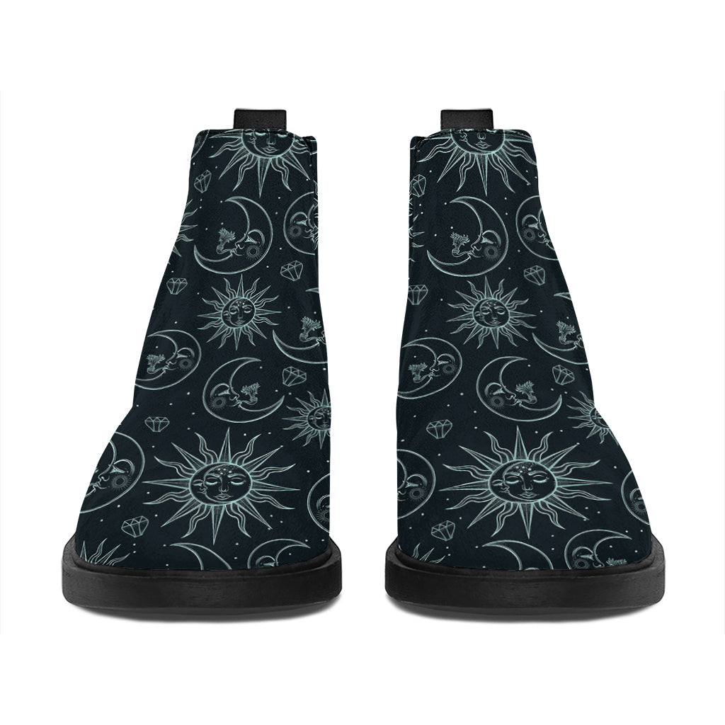 Blue Sun And Moon Pattern Print Flat Ankle Boots