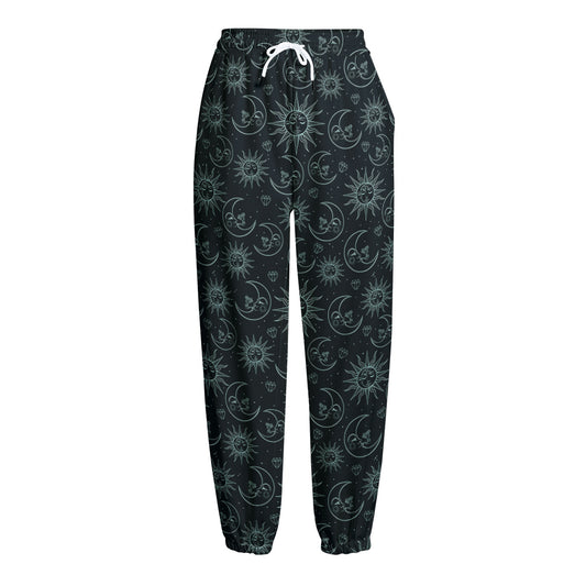 Blue Sun And Moon Pattern Print Fleece Lined Knit Pants