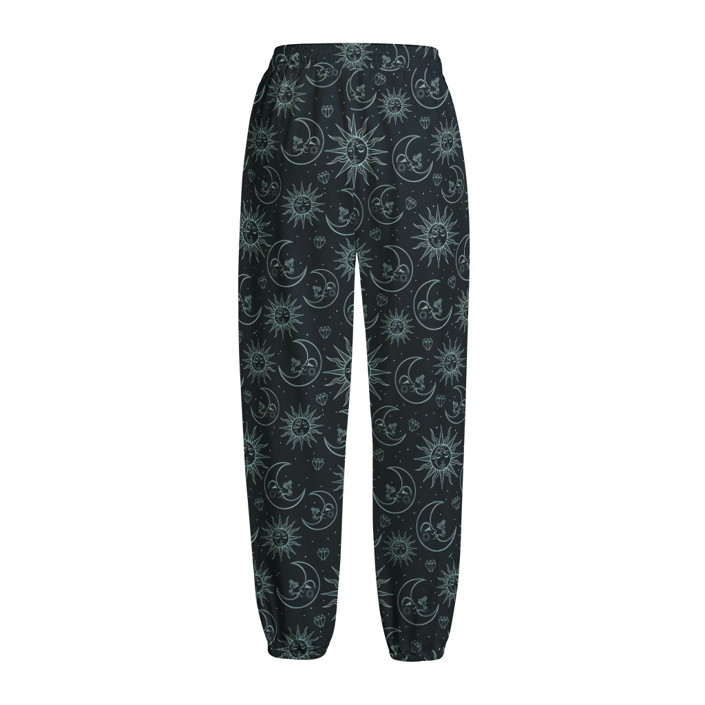 Blue Sun And Moon Pattern Print Fleece Lined Knit Pants