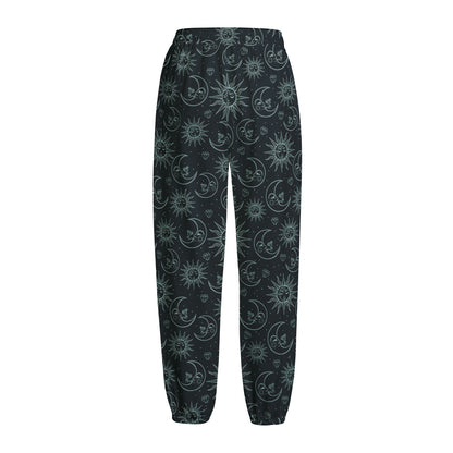 Blue Sun And Moon Pattern Print Fleece Lined Knit Pants