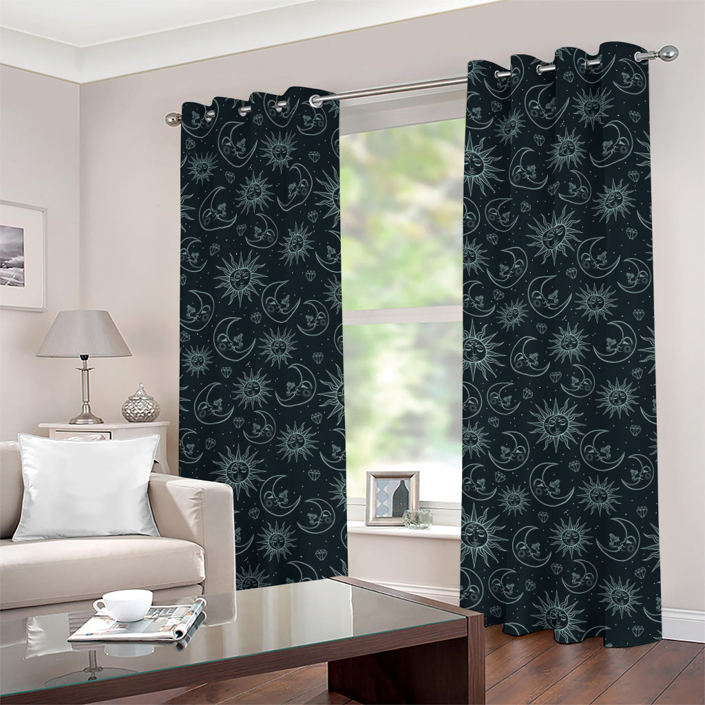 Blue Sun And Moon Pattern Print Grommet Curtains