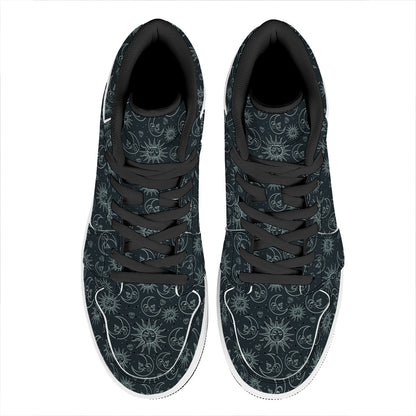 Blue Sun And Moon Pattern Print High Top Leather Sneakers
