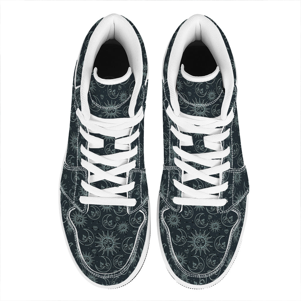 Blue Sun And Moon Pattern Print High Top Leather Sneakers