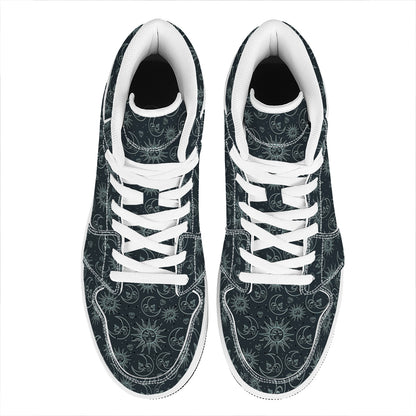 Blue Sun And Moon Pattern Print High Top Leather Sneakers