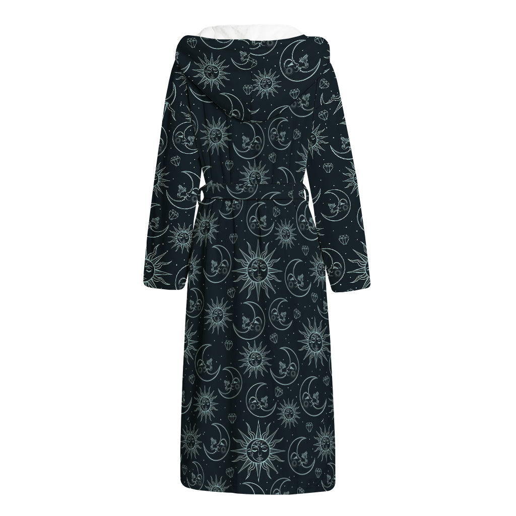 Blue Sun And Moon Pattern Print Hooded Bathrobe