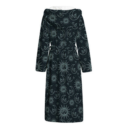 Blue Sun And Moon Pattern Print Hooded Bathrobe