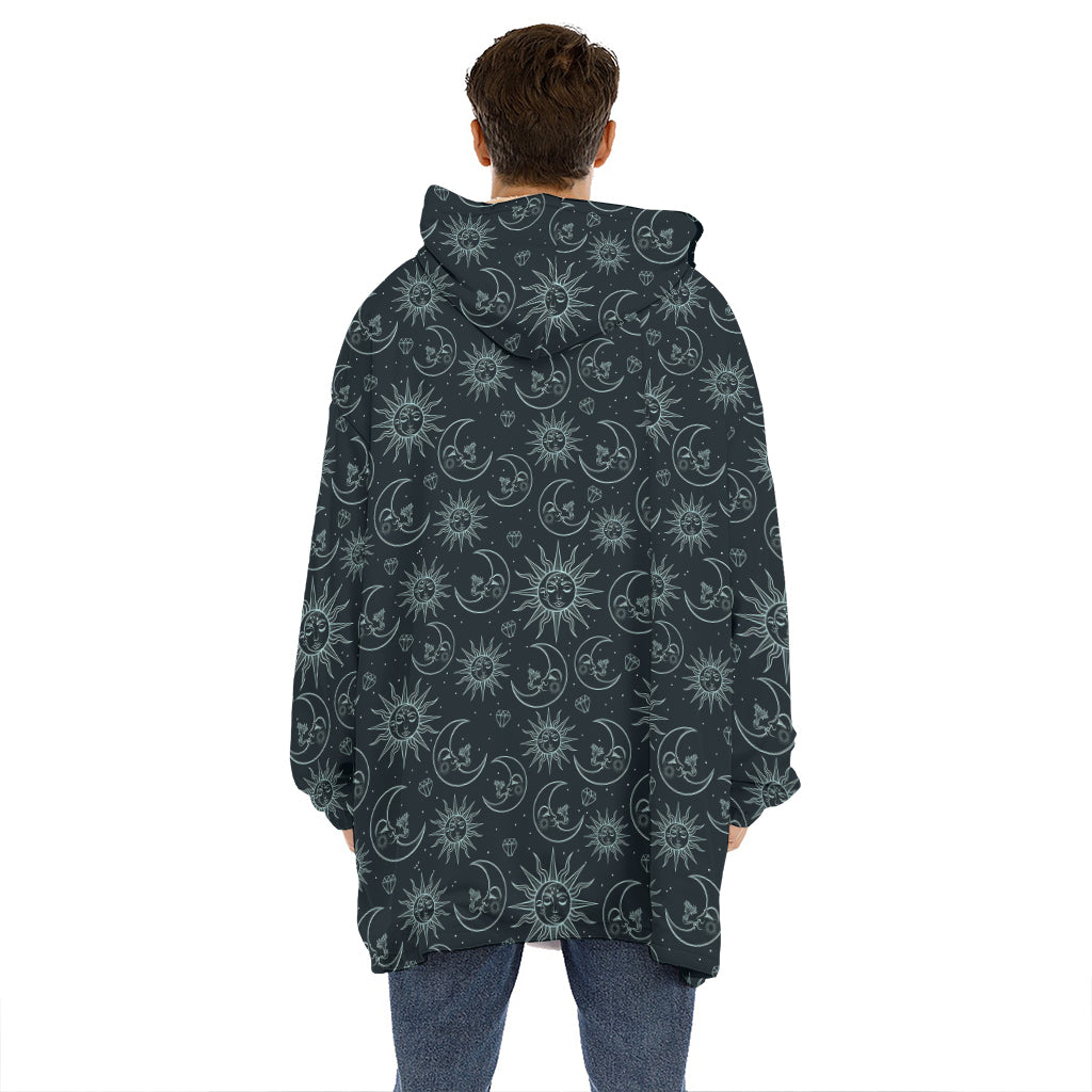 Blue Sun And Moon Pattern Print Hoodie Blanket