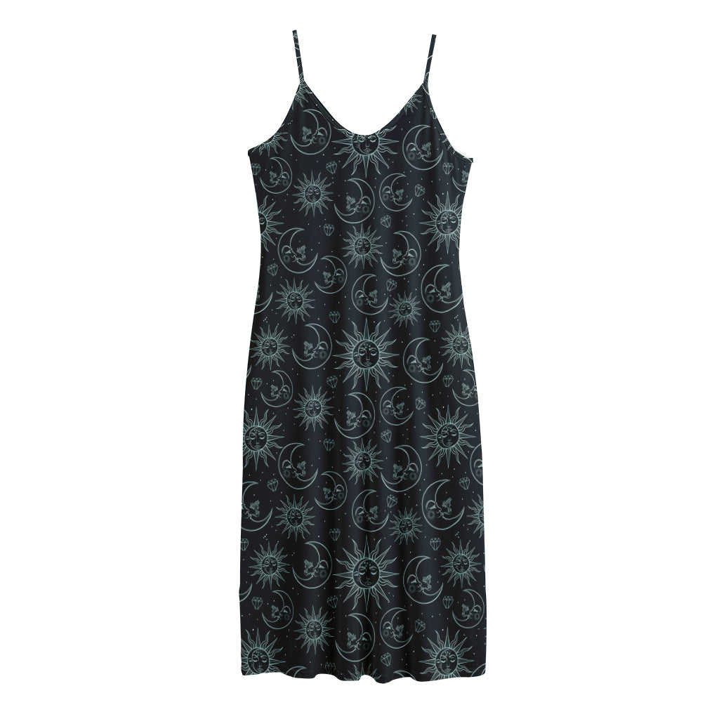 Blue Sun And Moon Pattern Print Jersey Midi Cami Dress