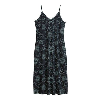 Blue Sun And Moon Pattern Print Jersey Midi Cami Dress