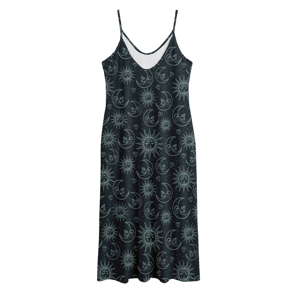 Blue Sun And Moon Pattern Print Jersey Midi Cami Dress