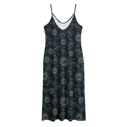 Blue Sun And Moon Pattern Print Jersey Midi Cami Dress