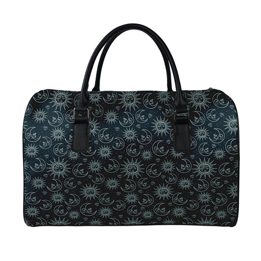 Blue Sun And Moon Pattern Print Leather Duffle Bag