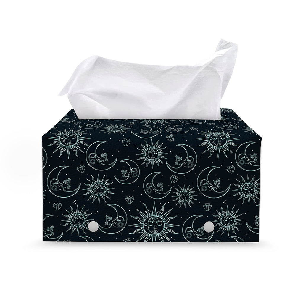 Blue Sun And Moon Pattern Print Leather Tissue Box Cover