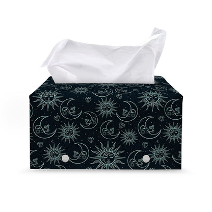 Blue Sun And Moon Pattern Print Leather Tissue Box Cover
