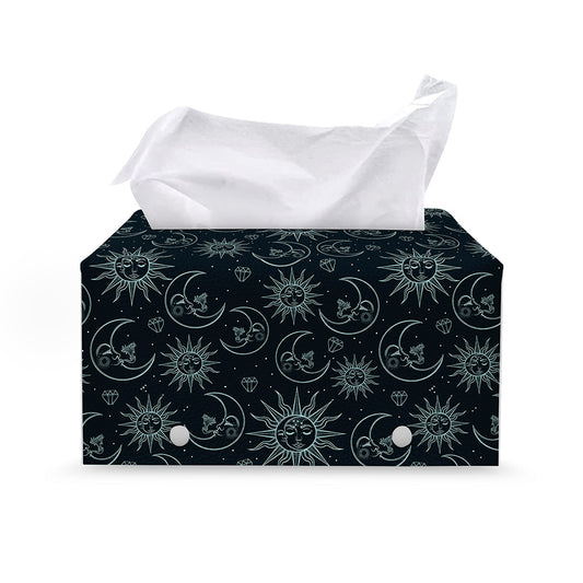 Blue Sun And Moon Pattern Print Leather Tissue Box Cover