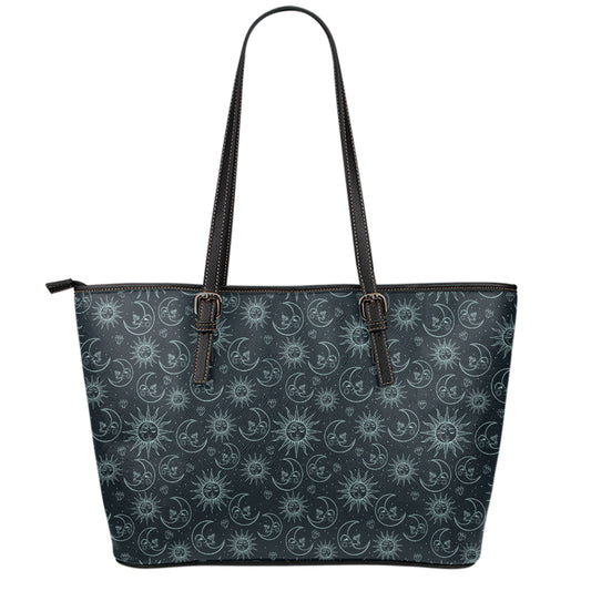 Blue Sun And Moon Pattern Print Leather Tote Bag
