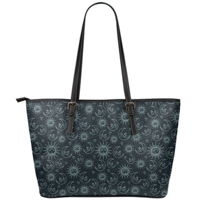 Blue Sun And Moon Pattern Print Leather Tote Bag