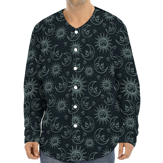 Blue Sun And Moon Pattern Print Long Sleeve Baseball Jersey
