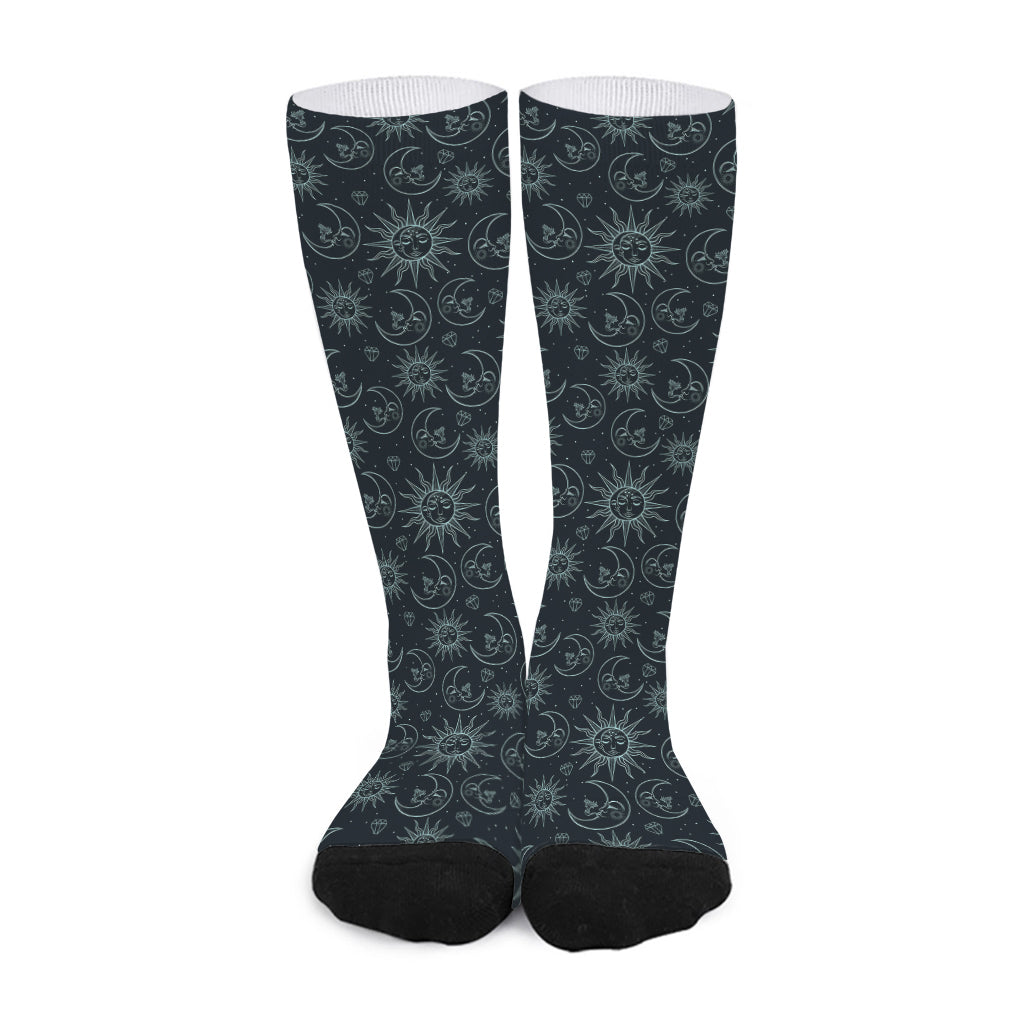 Blue Sun And Moon Pattern Print Long Socks