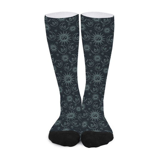 Blue Sun And Moon Pattern Print Long Socks