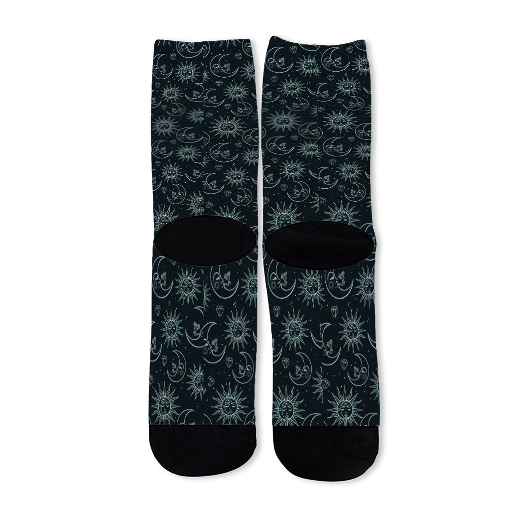 Blue Sun And Moon Pattern Print Long Socks