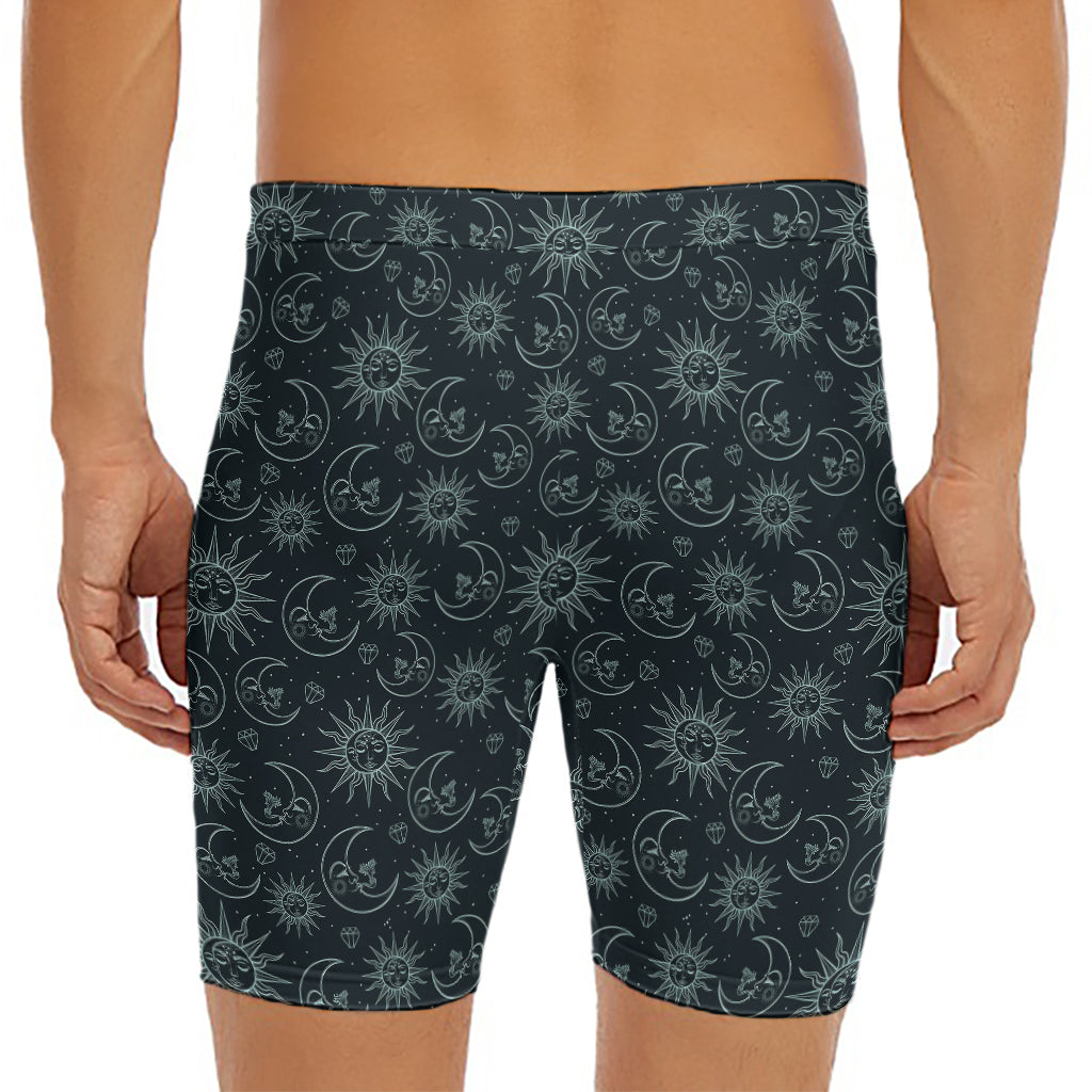Blue Sun And Moon Pattern Print Men's Long Boxer Briefs