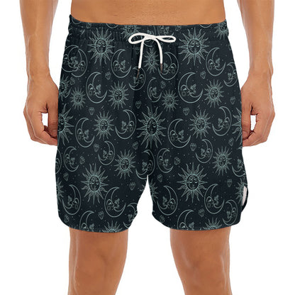 Blue Sun And Moon Pattern Print Men's Split Running Shorts
