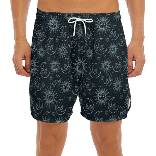 Blue Sun And Moon Pattern Print Men's Split Running Shorts